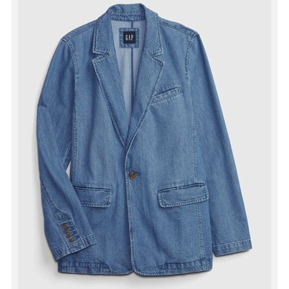GAP Womens Long Sleeve Single Breasted Denim Blazer Jacket Blue Size L Petite - Picture 5 of 13